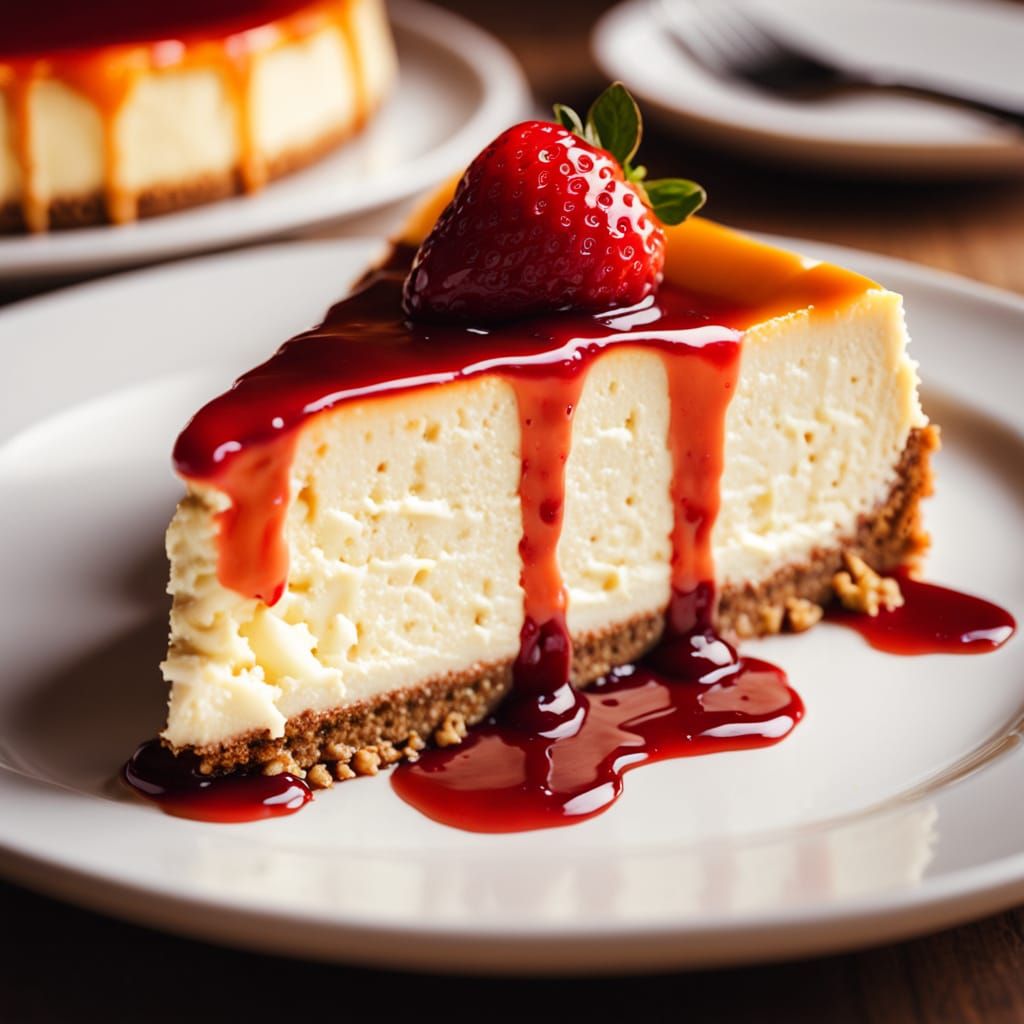 Cheesecake Slice with Strawberry Sauce in Golden Light