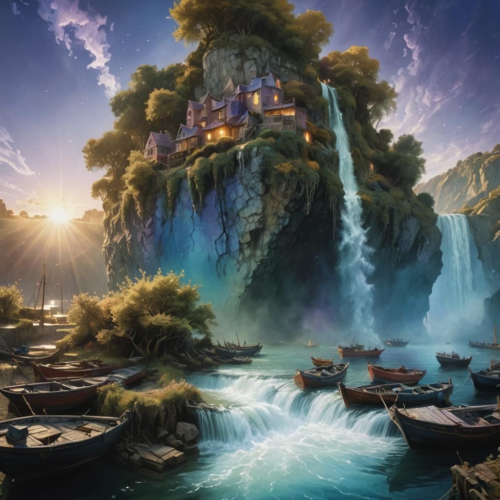 Harbor Sunset: A Hyperrealistic Fantasy Landscape