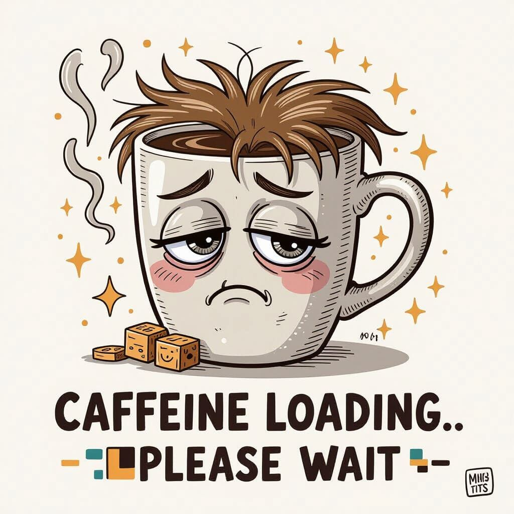 Sleepy Coffee Mug Caricature With "Caffeine Loading" Text