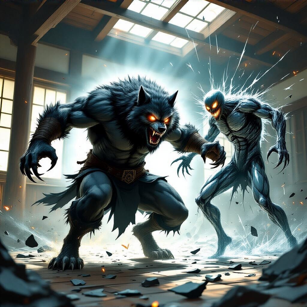 Werewolf Warrior Battles Mirrorborn in Shattered Dojo