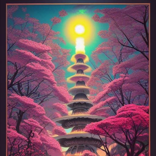 Cherry Blossom Zombies with Mushroom Cloud, Futuristic Art