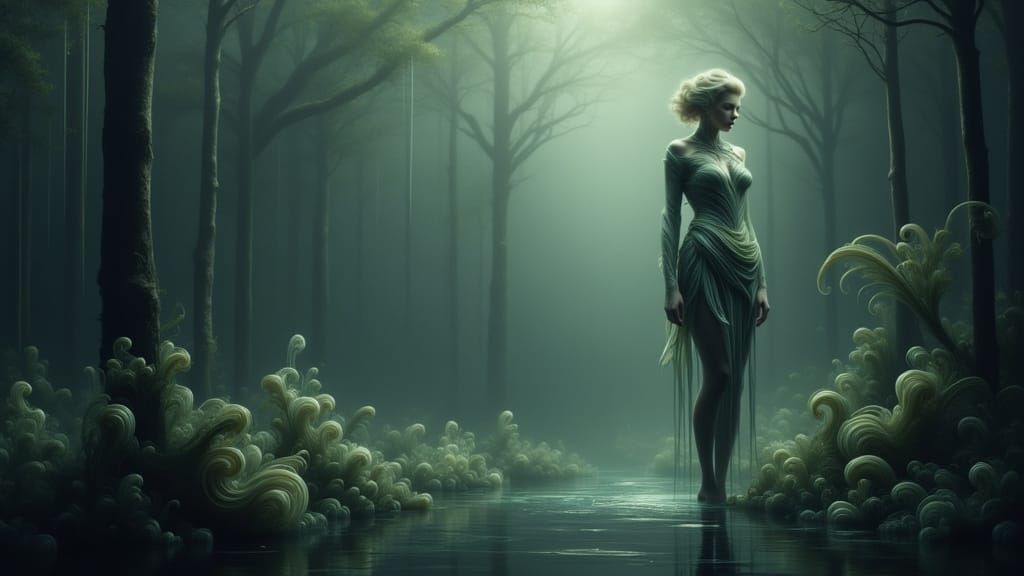 Dark Fantasy Cyborg Woman in Misty Swamp