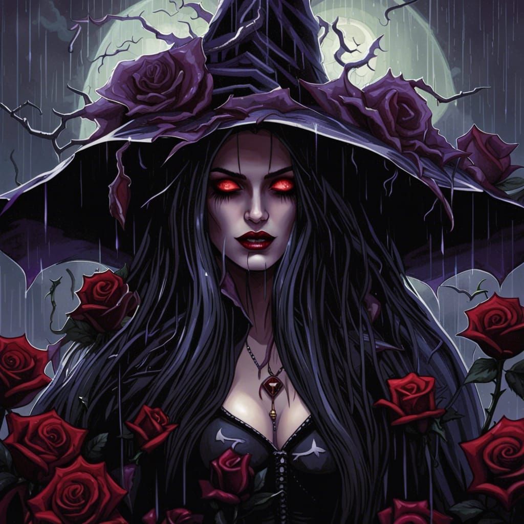 Gothic Vampire Fairy in Dark Floral Scene