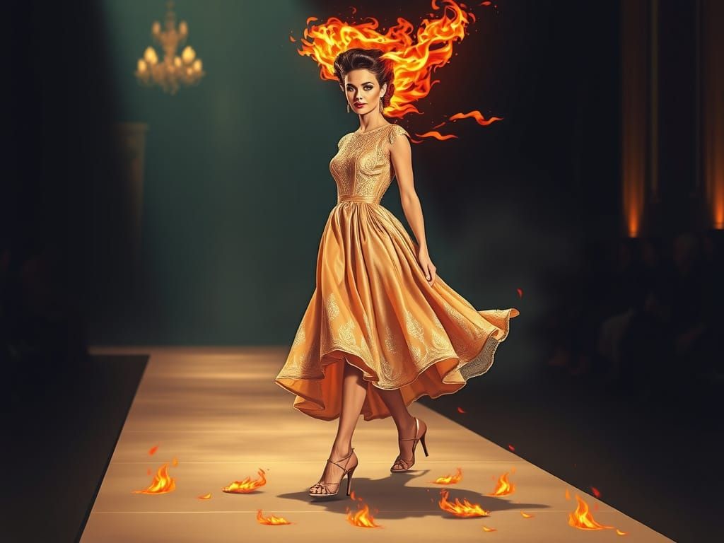 Confident 1950s Fashion Model Ignites Runway with Flaming Go...