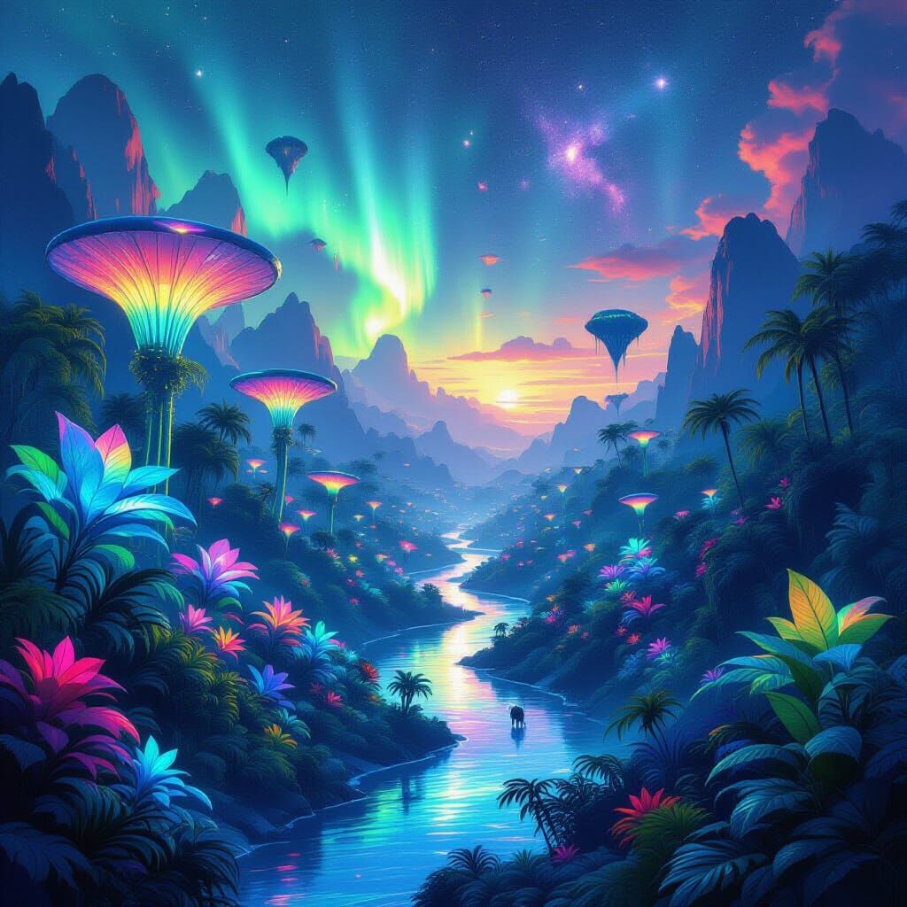Luminescent Jungle Under Aurora Sky, Hyper-Realistic