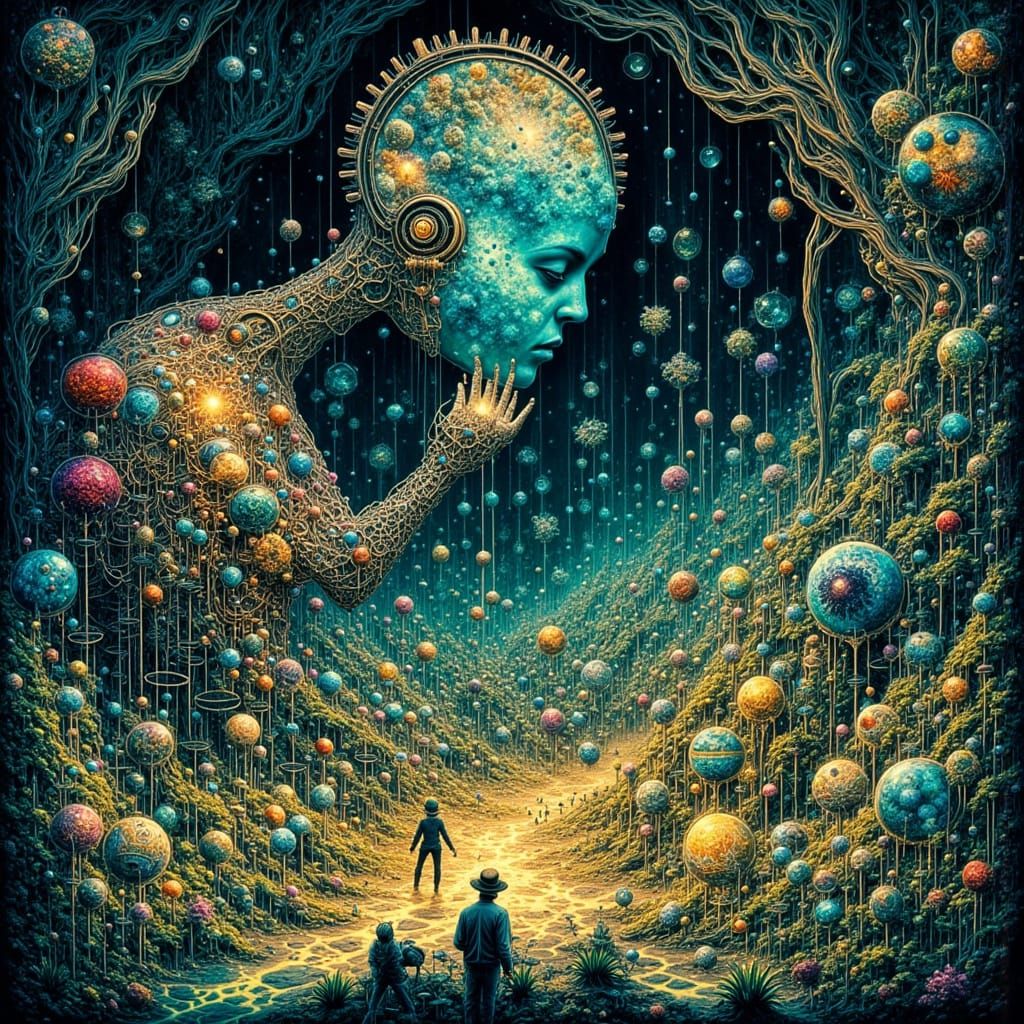 Steampunk Automaton Tends Alien Garden in Bioluminescent Cav...