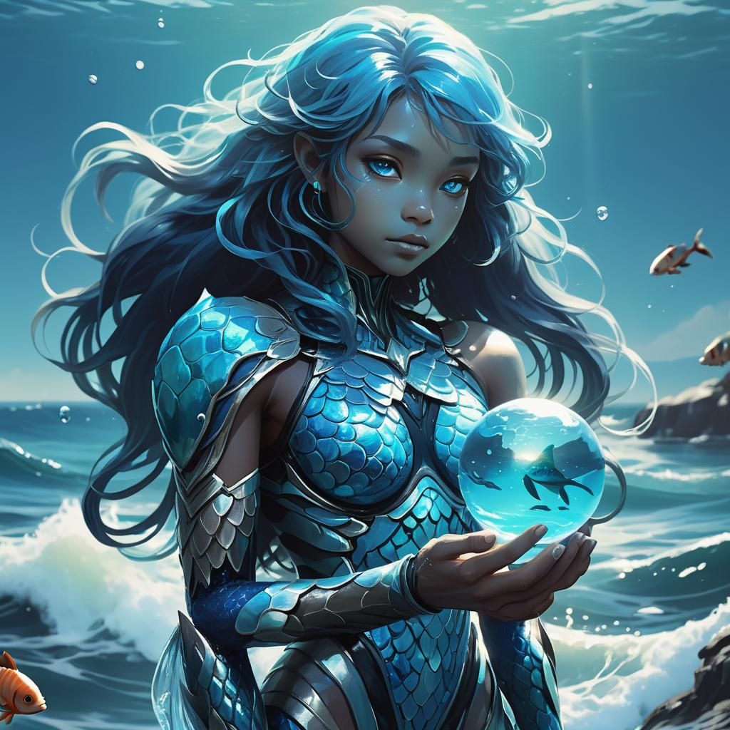 Aquatic Humanoid with Water Magic, Fantasy Art