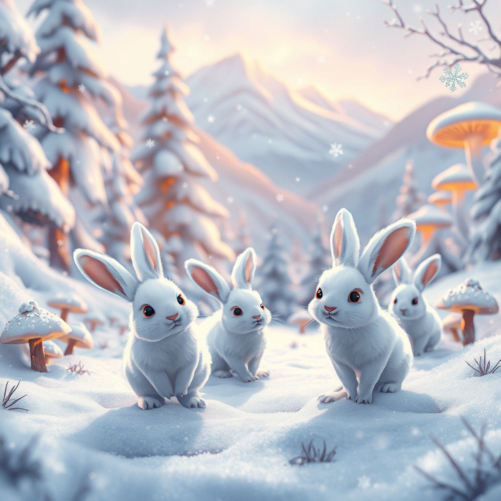 Rabbits Frolic in Winter Wonderland: Cartoon Art