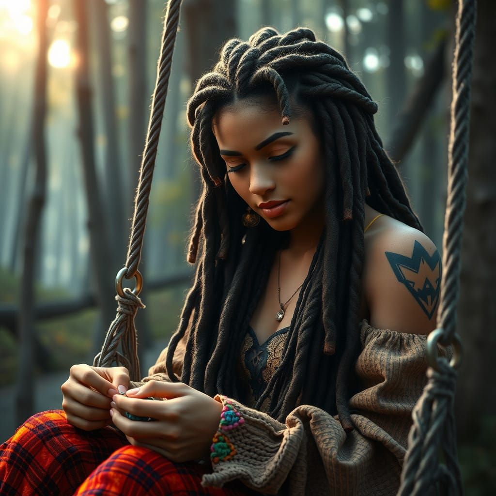 Surreal Art Nouveau Woman Sitting on a Swing in the Forest