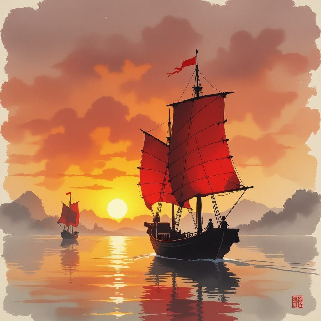 Chinese Junk Ship Sunset: Ink Wash Painting in Xieyi Style