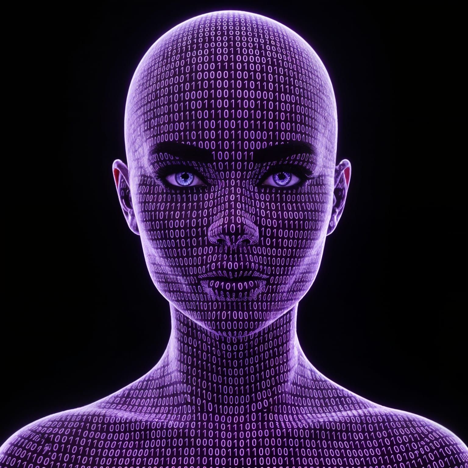 Bald Woman Portrait Made of Binary Code in Neon Purple