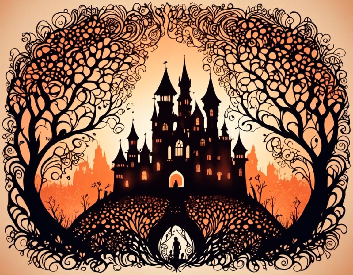 <lora:Bohemian Zentangle:1.0> castle silhouette, auburn ligh...