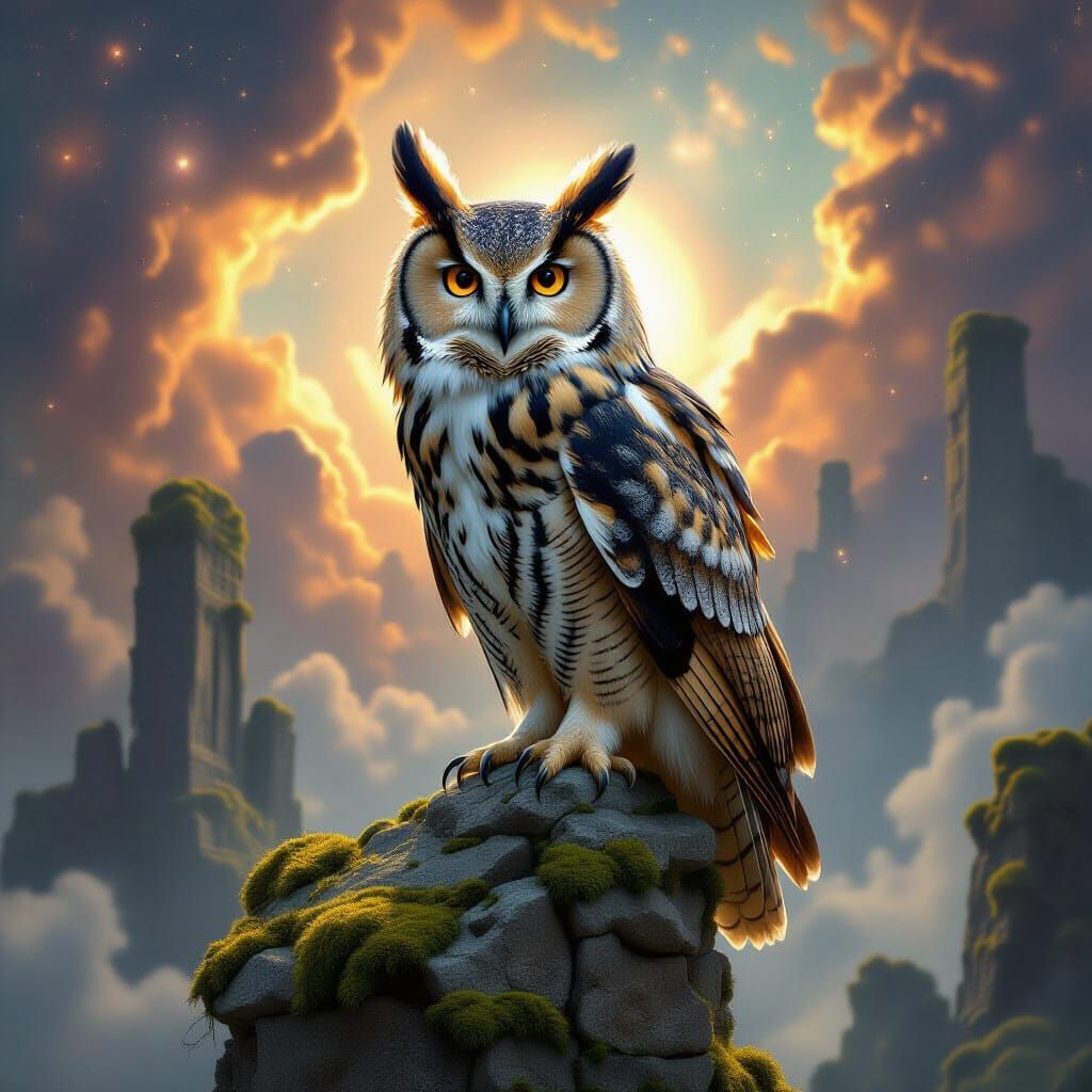 Owl Perched on Floating Stone Ruin in Nebula