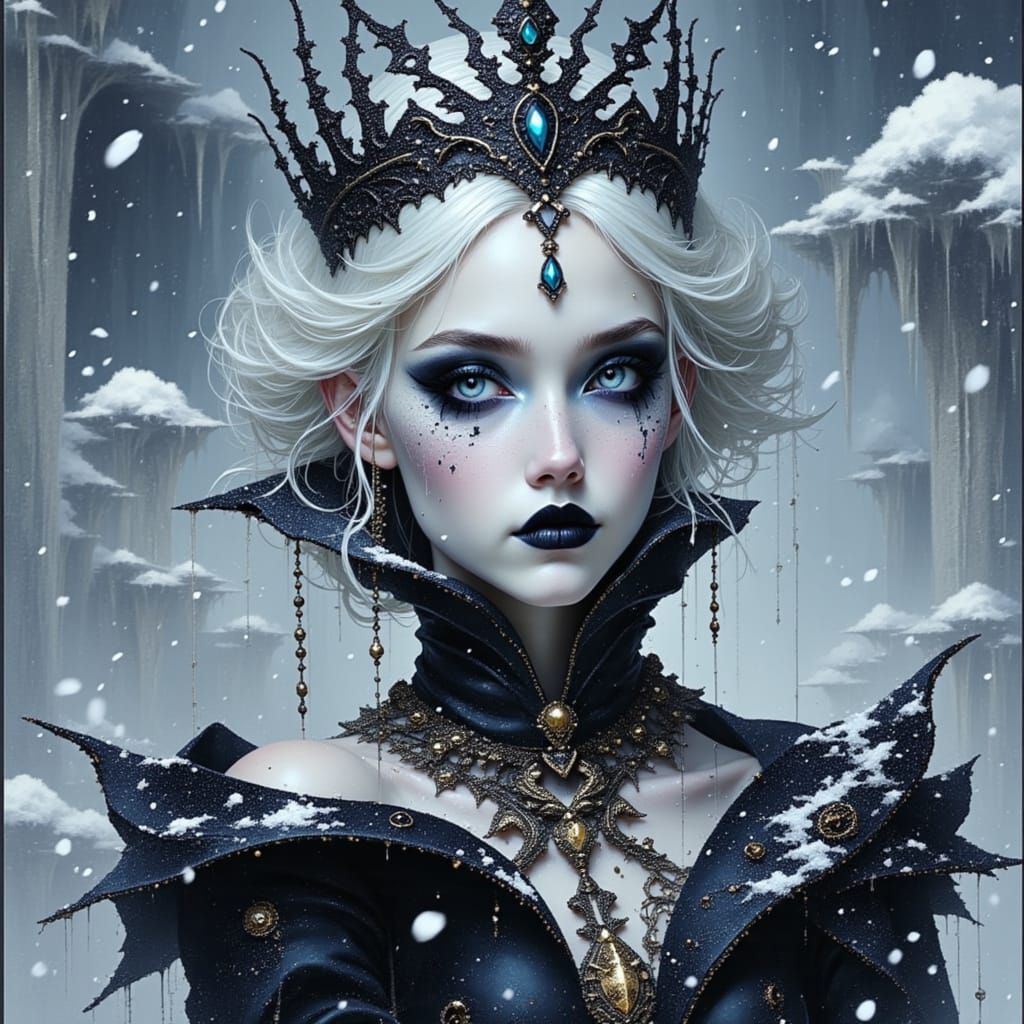 Gothic Frost Queen in a Snowy, Magical Environment