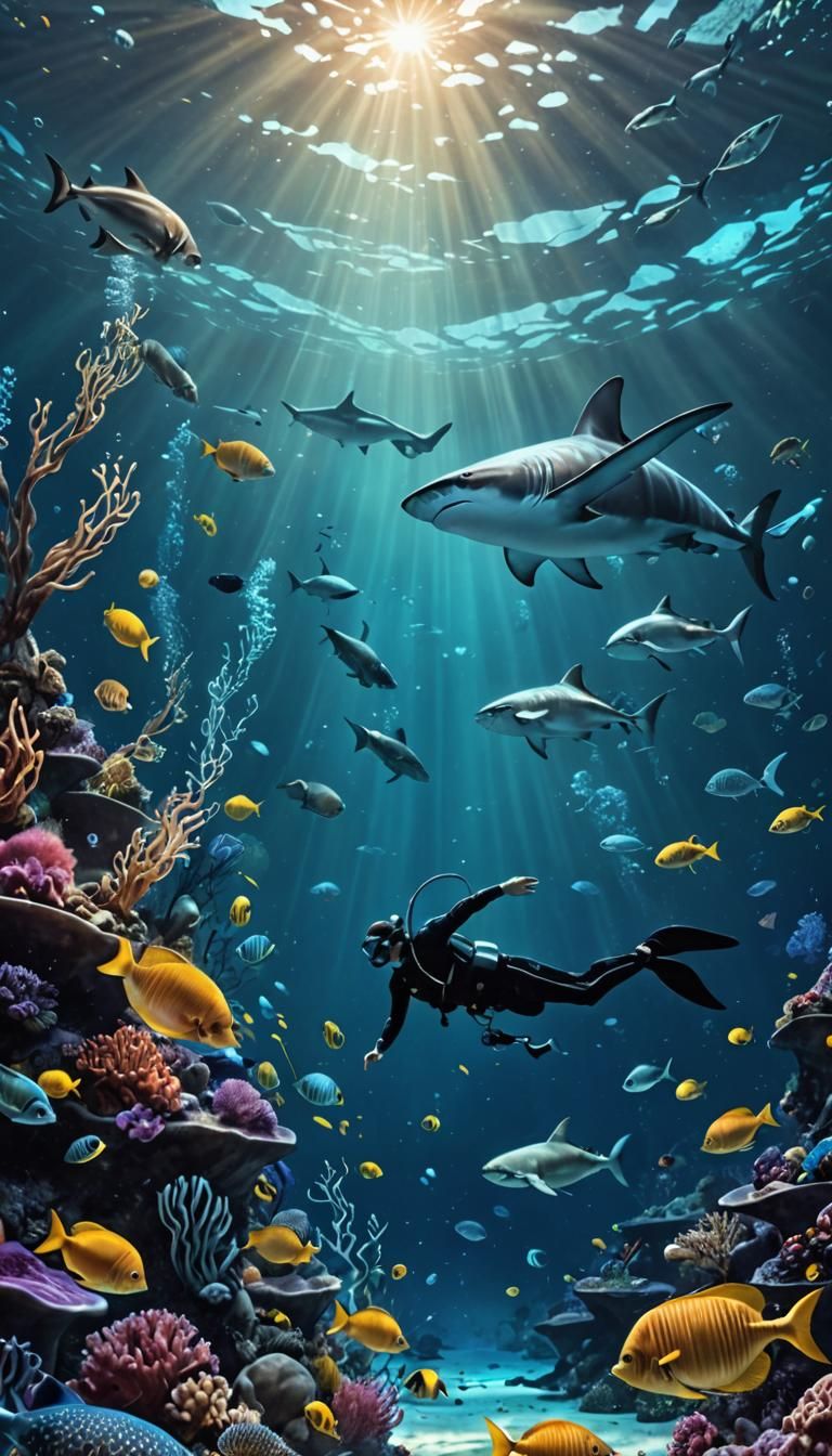 Freediver Swimming with Glowing Fantasy Marine Life