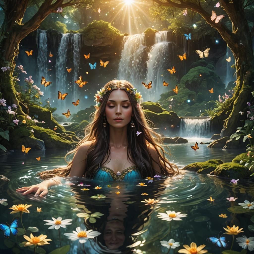 Woman Bathes in Mystical Forest Waterfall