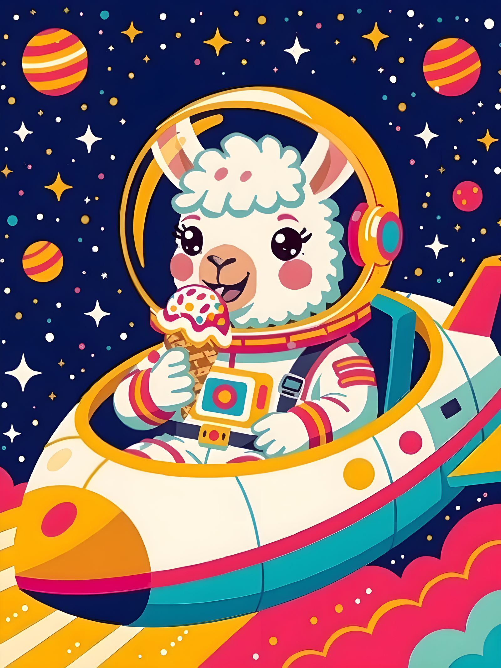 Llama eating ice cream in space.
