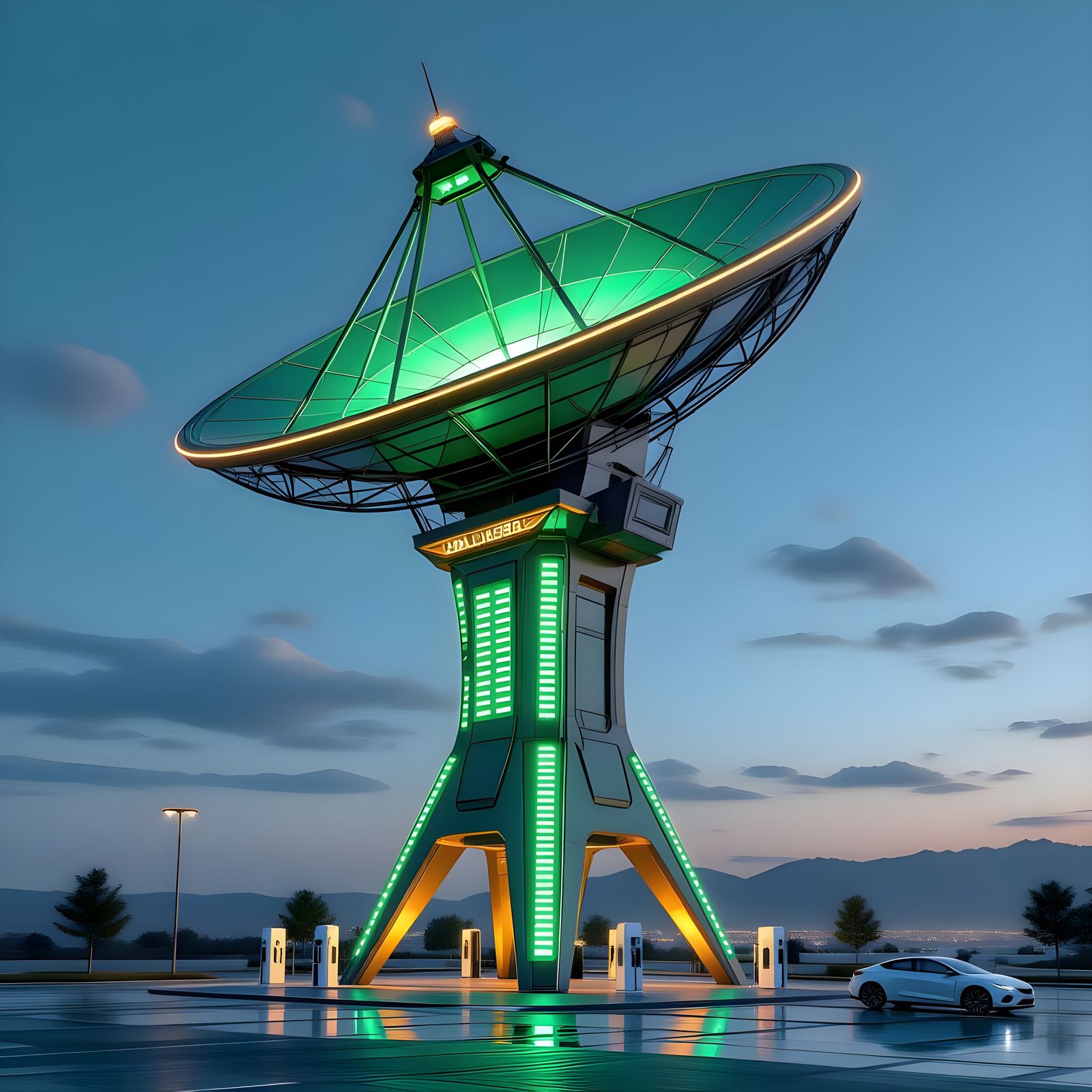 Futuristic Satellite Tower with Neon Lights in Sleek Design