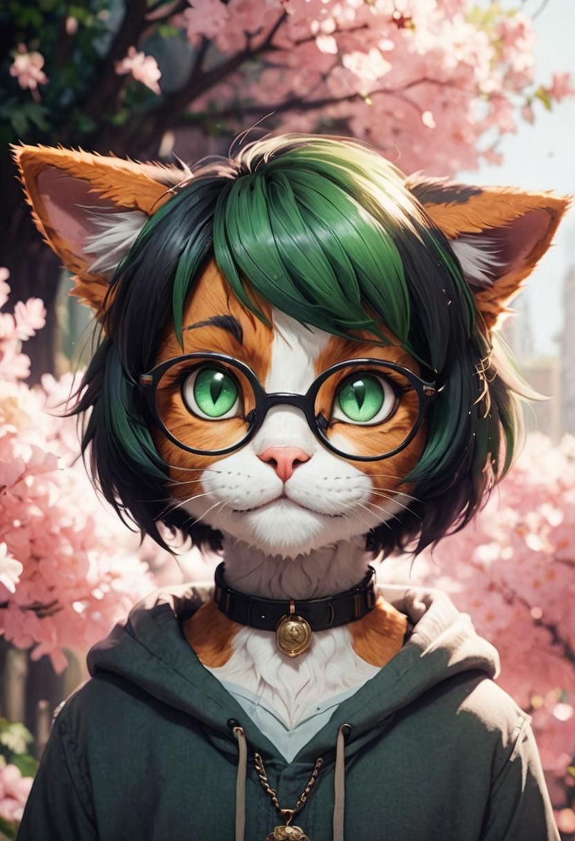 Anime Anthro Cat Portrait with Green Eyes