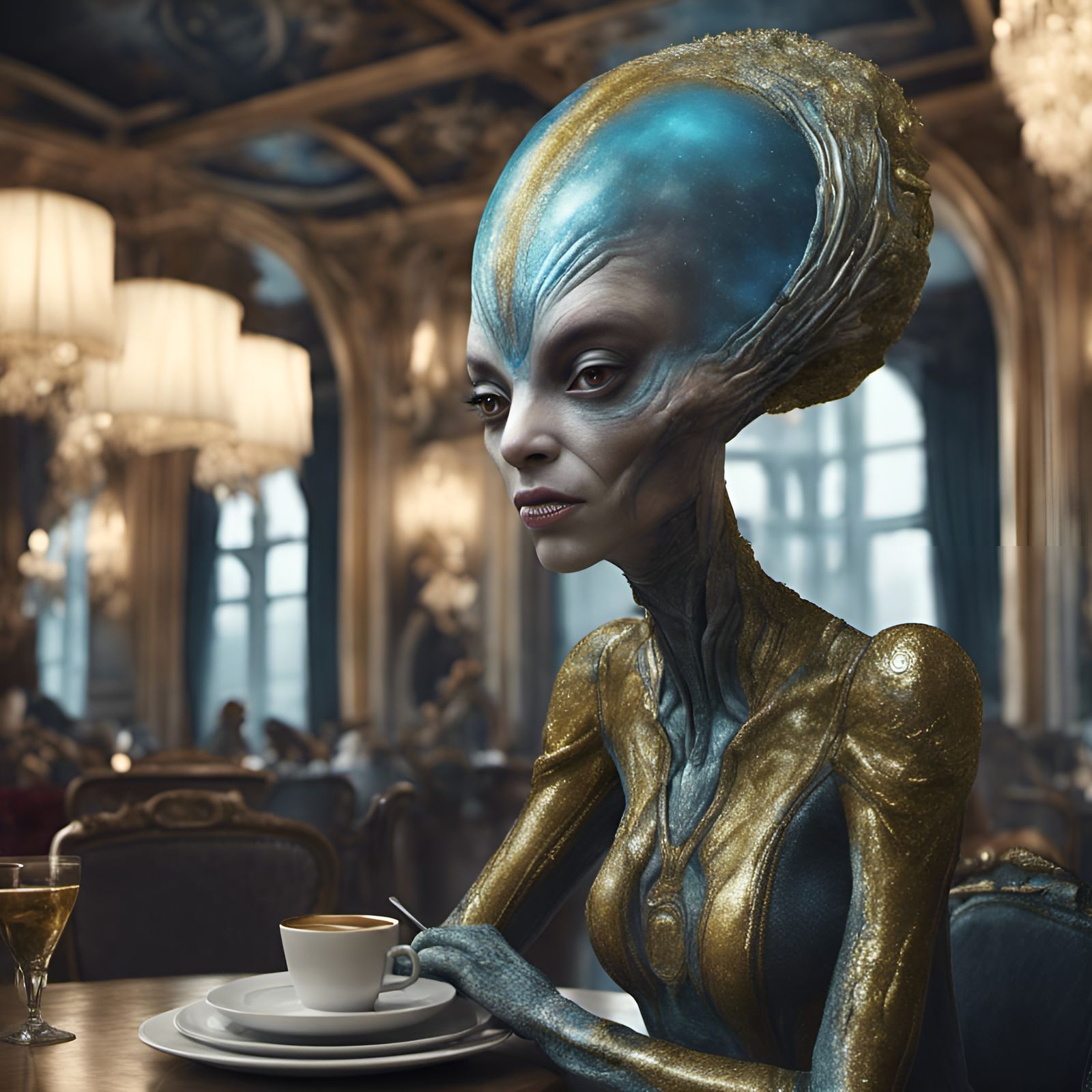 Alien Women Enjoy Coffee in Space Restaurant
