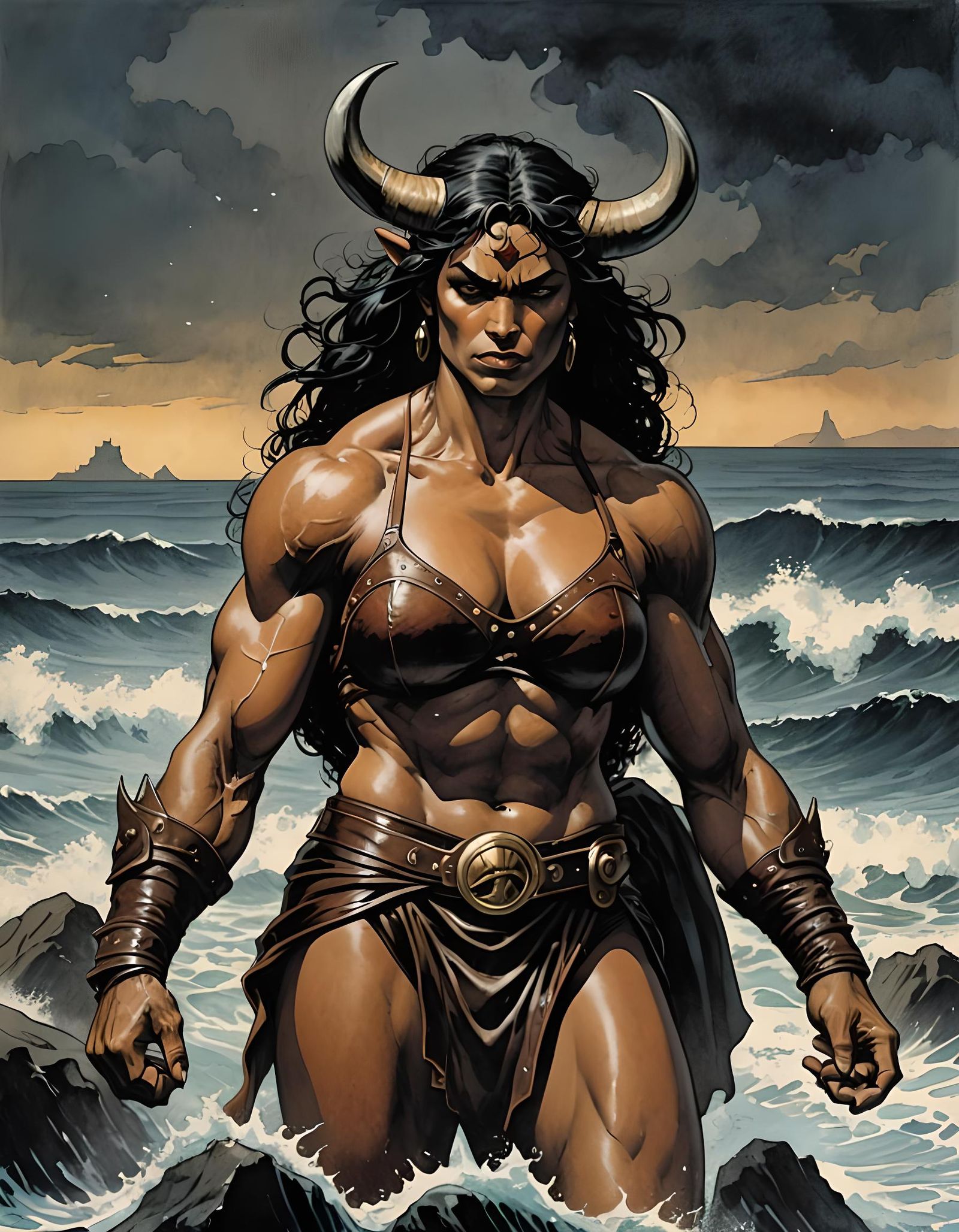 Brooding Female Minotaur Emerges from the Ocean