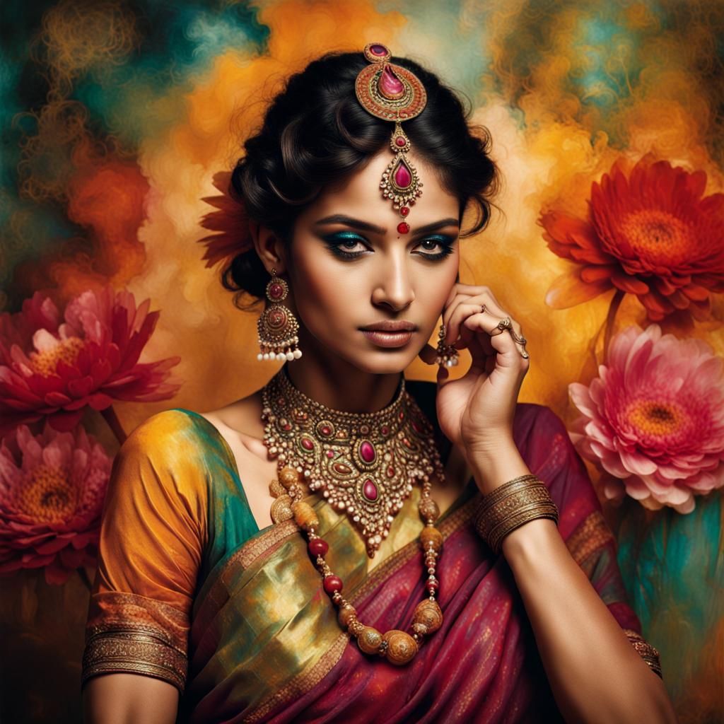 Indian Woman in Alcohol Ink and Photography Style