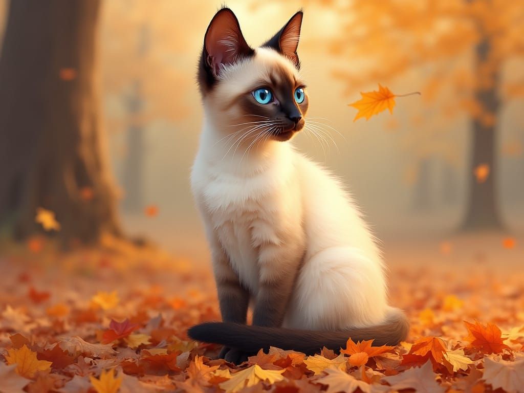 Siamese Cat Amidst Autumn Leaves Airbrush Illustration
