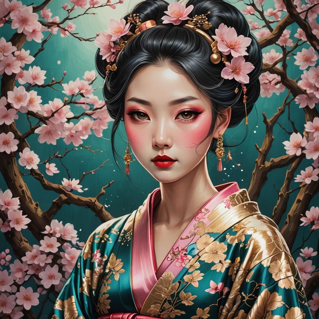 Japanese Fantasy Portrait with Sakura Blossoms