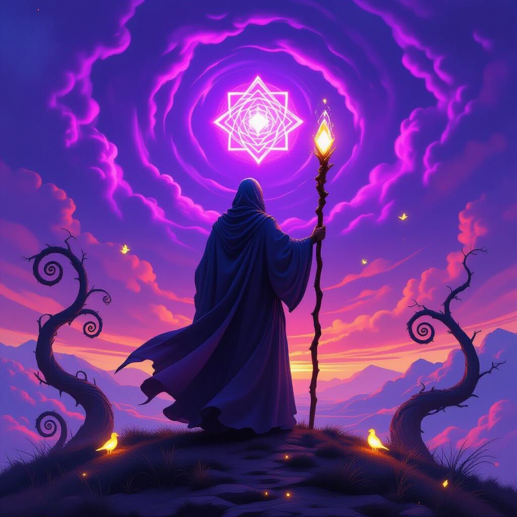 Mysterious Wanderer Under Purple Sky, Surrealist Style