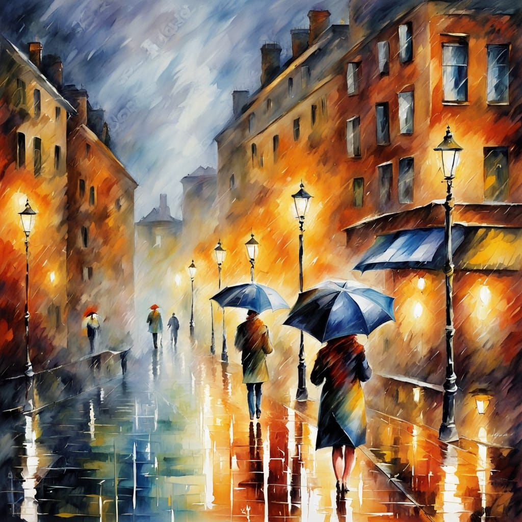 Woman Walking in Rainy Cityscape in Impressionist Style