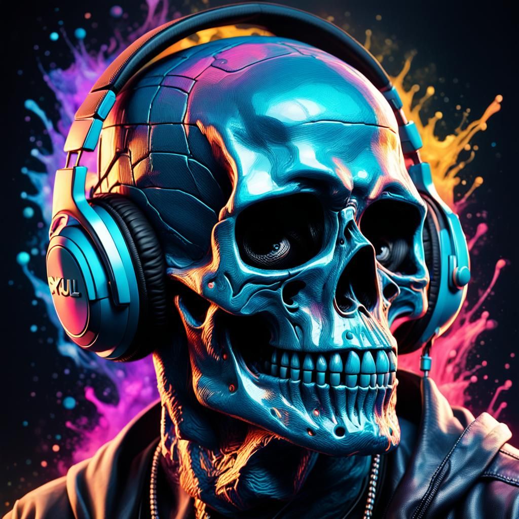 Hyperrealistic Hologram Skull DJ Splash Art