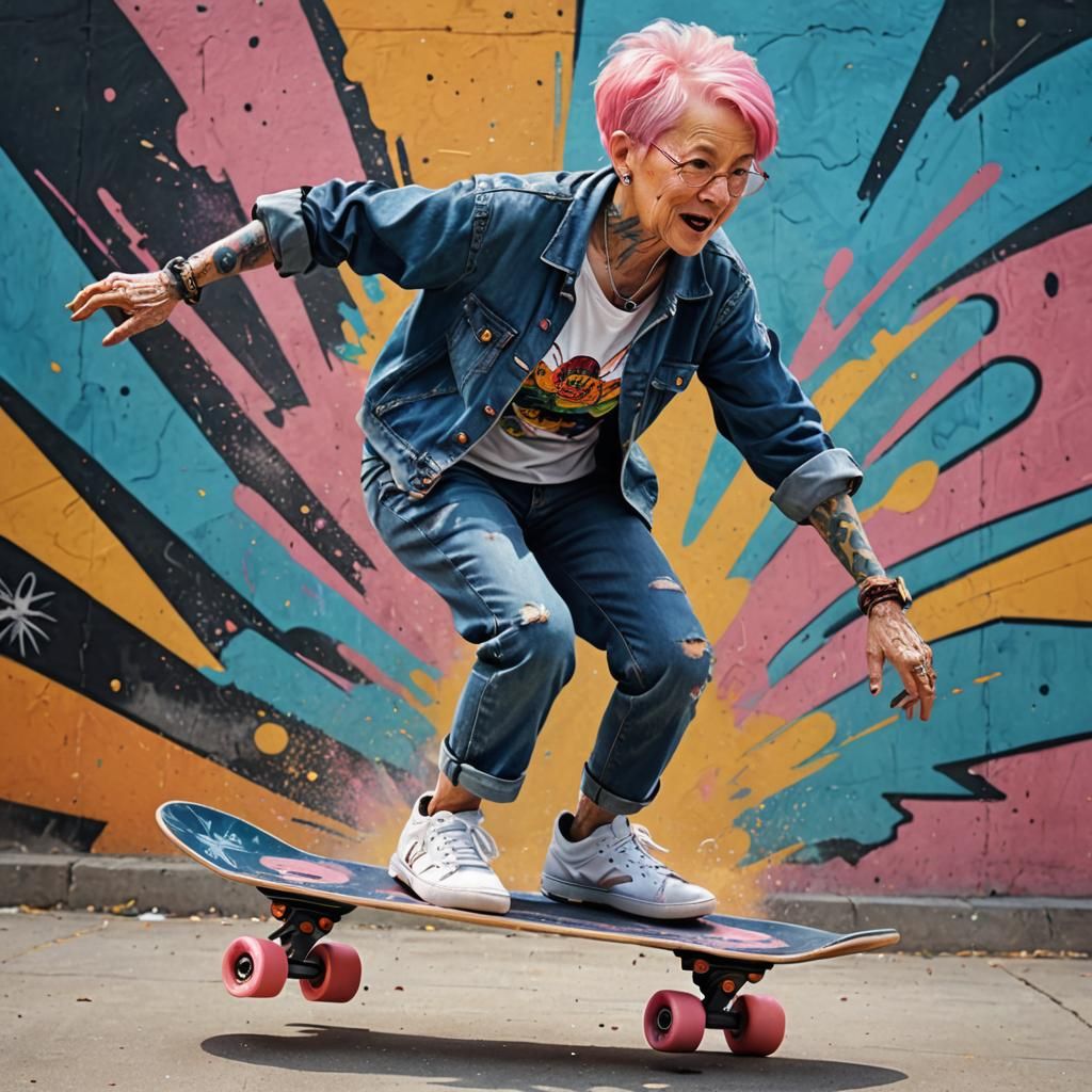 Elderly Woman Shreds Skate Park in Hyperrealistic Style