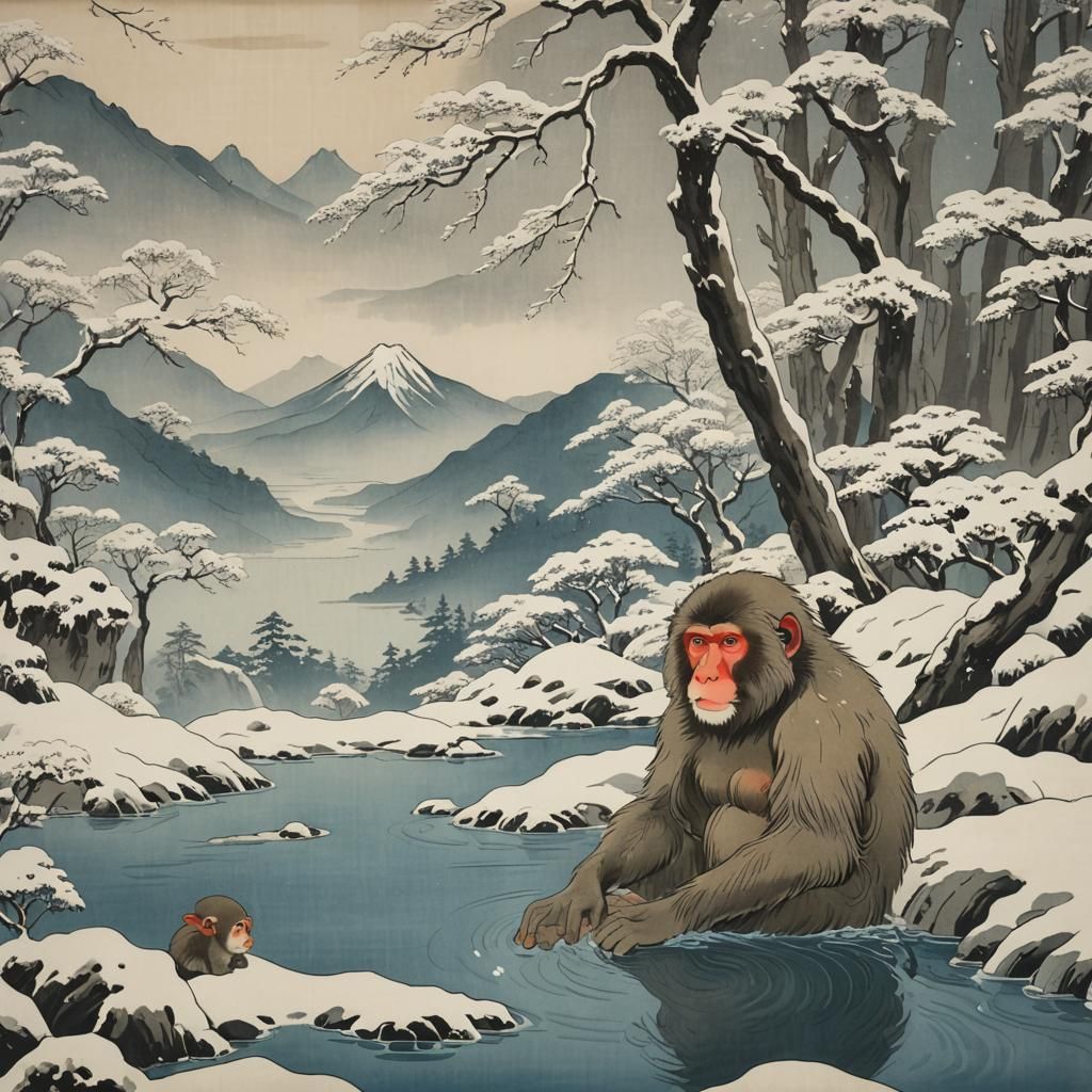 Snow Monkey in Onsen: Ukiyo-e Style Print