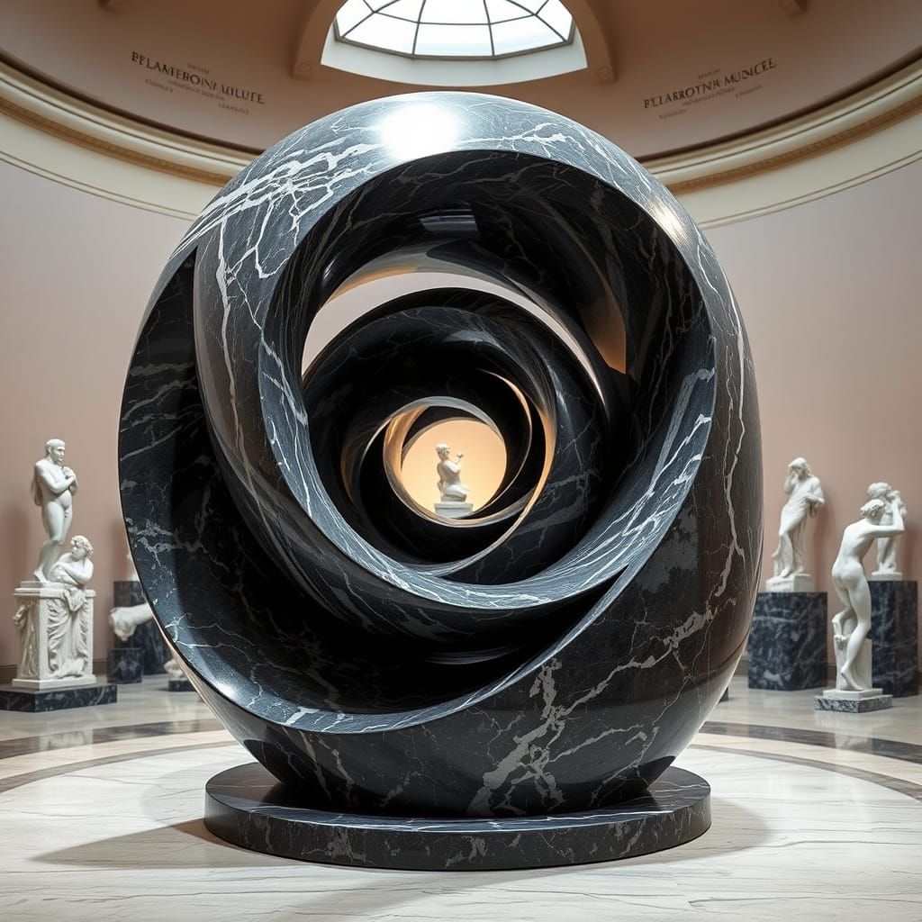 Surreal Marble Spiral Sculpture in Museum Setting