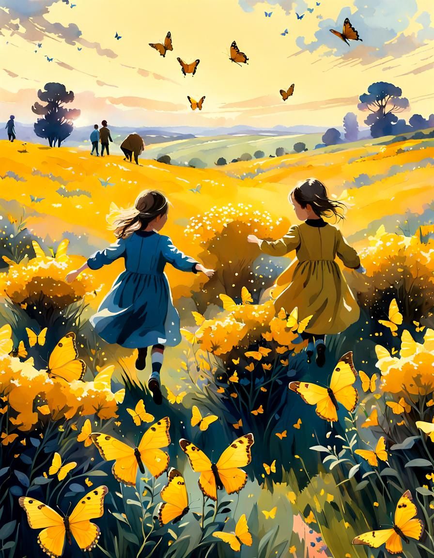 Children Playing in Field of Flowers: Watercolor Painting