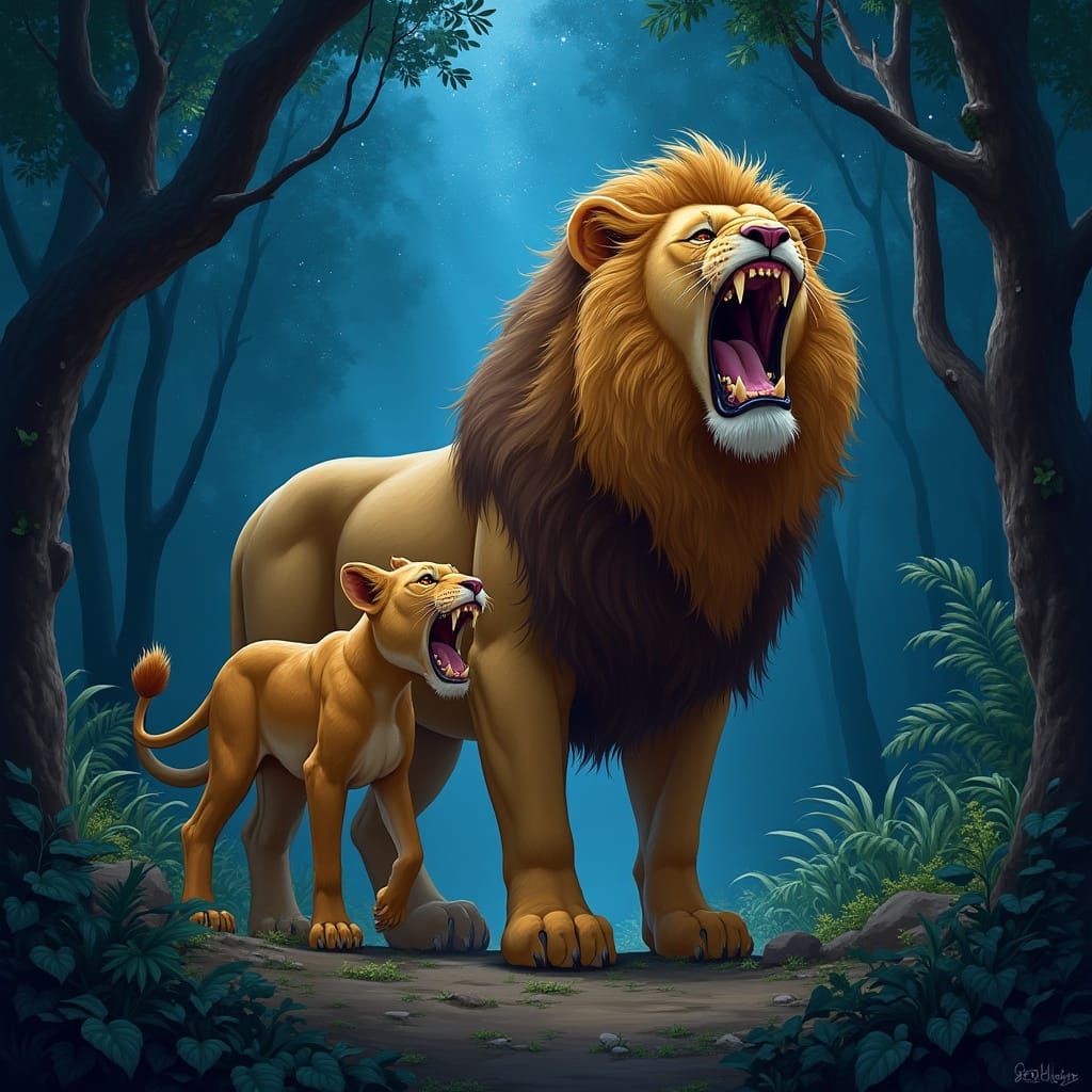 Majestic Lions Roaring Under Starry Sky