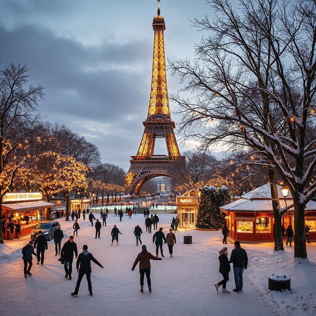 Eiffel Tower Winter Wonderland at Dusk