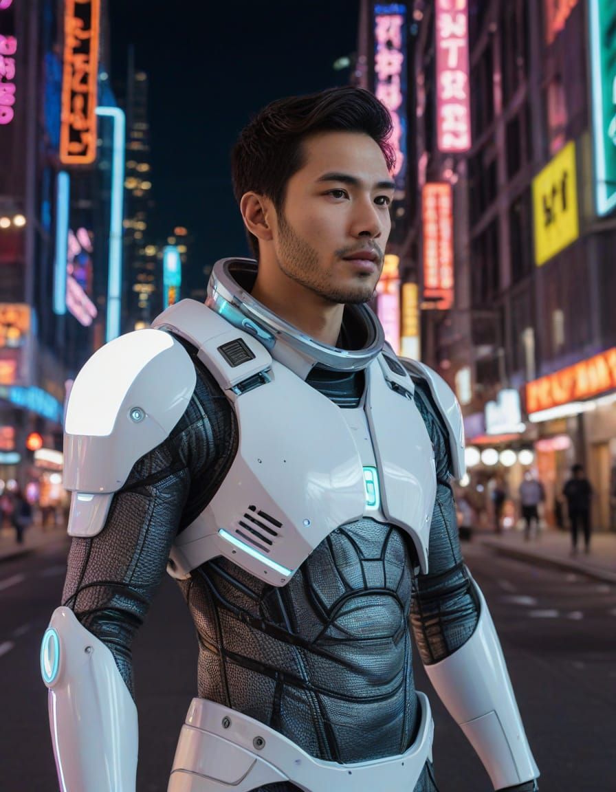 Charming Futuristic Hero Dominates Cyberpunk Metropolis