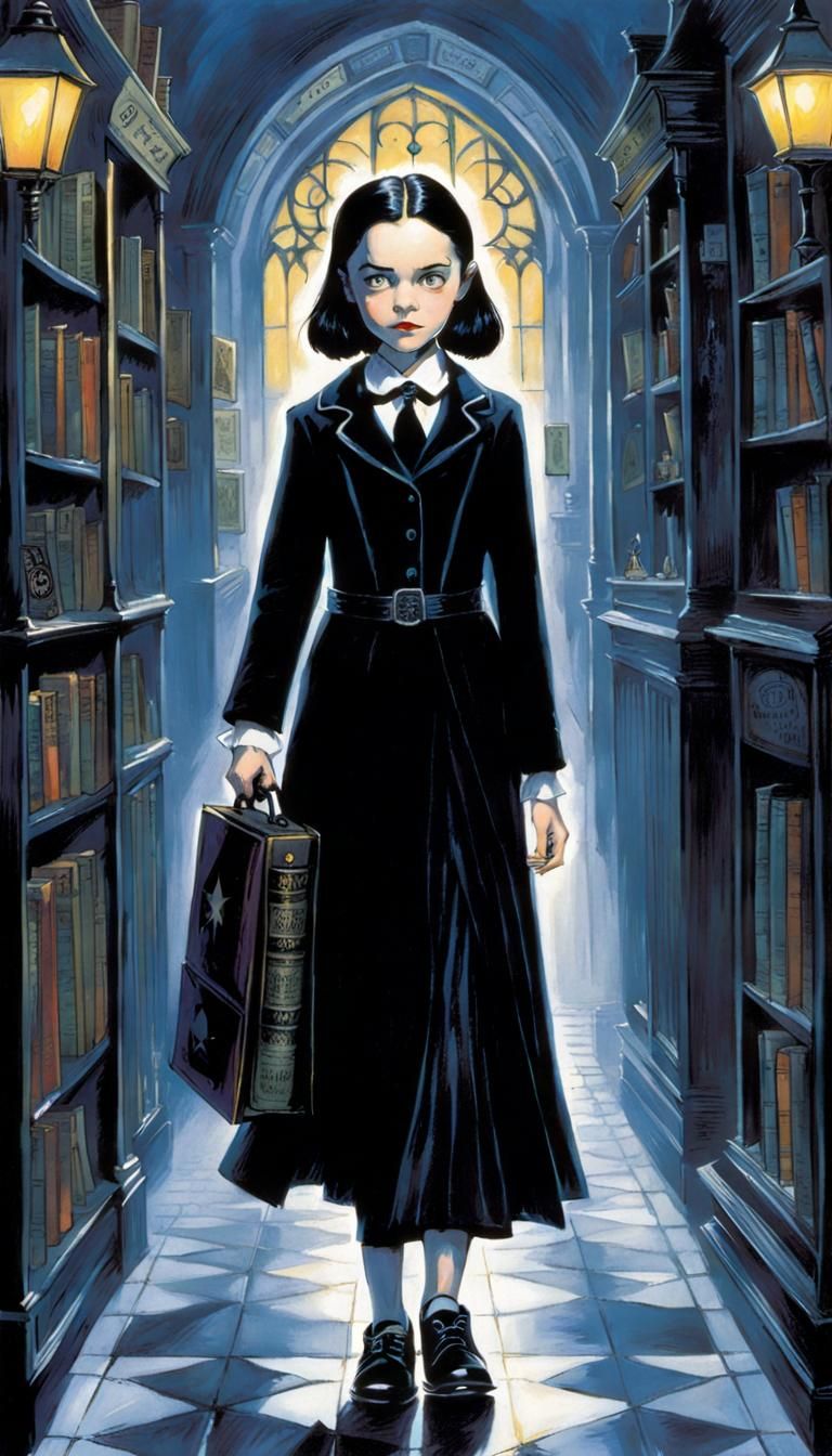 Wednesday Addams as Wizard in Burton-esque Comic Art