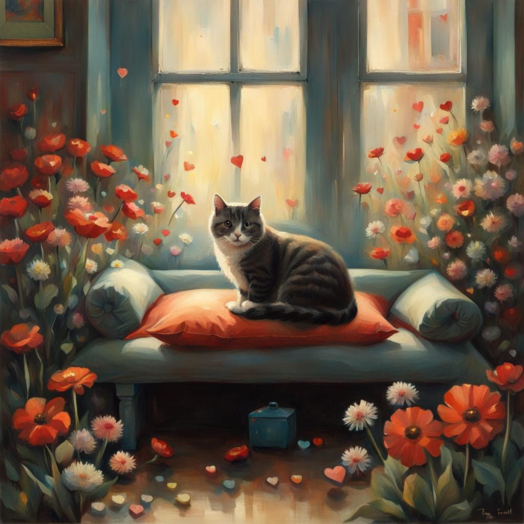 Cute Cat Surrounded by Flowers in Surreal Style
