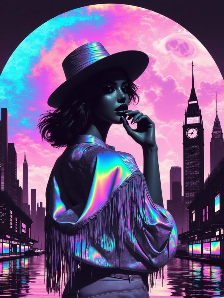 Surreal Solarpunk Cowgirl in Retro-Futuristic Metropolis