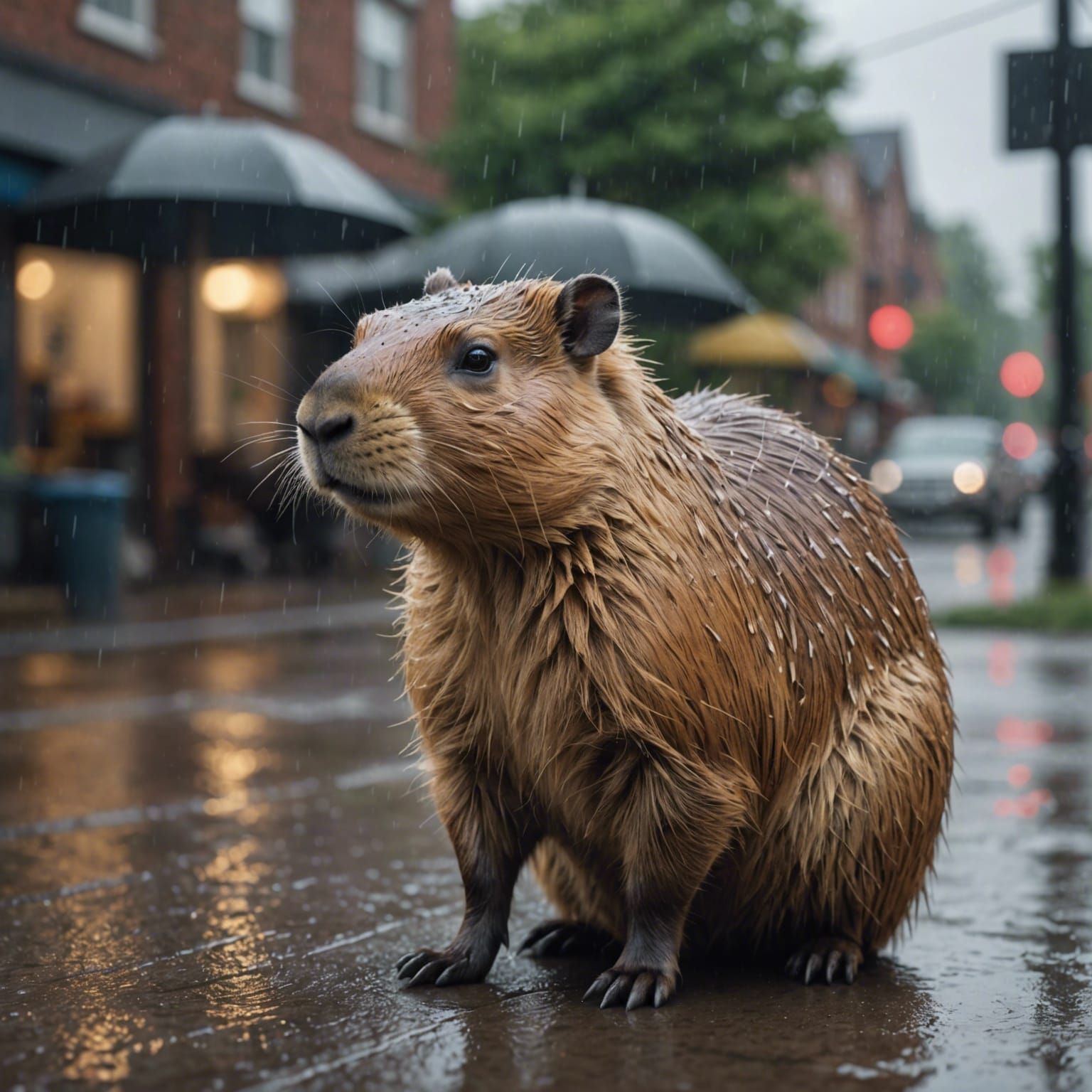 Capybara in Rain, Hyperrealistic Detailed Fur