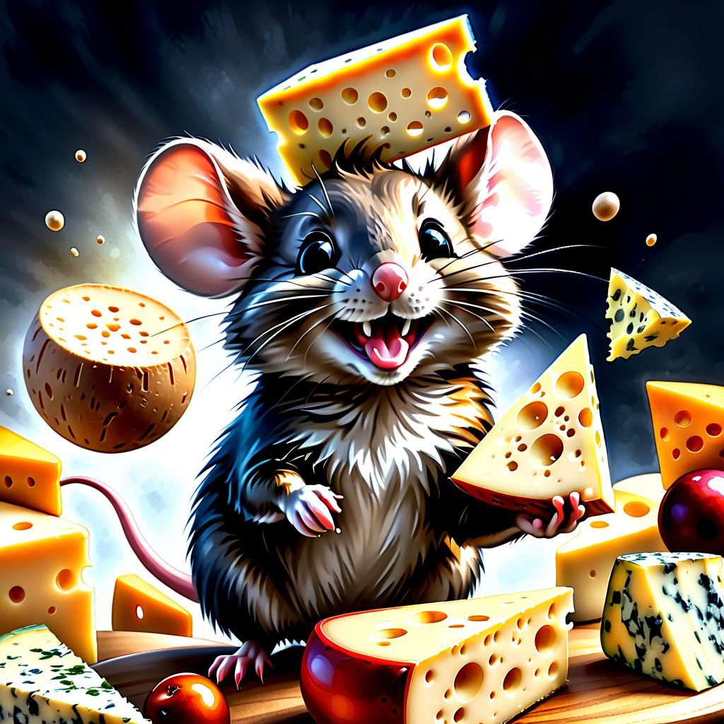 Mouse Juggling Cheese: Watercolour Airbrush Art