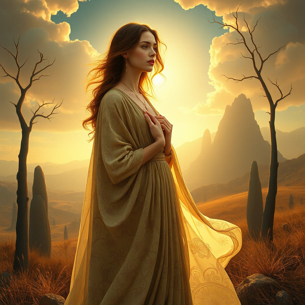 Ethereal Woman in Surreal Art Nouveau Landscape