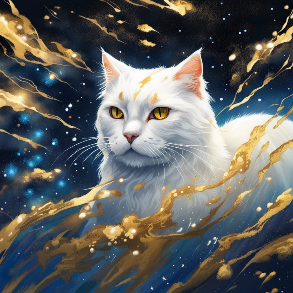 Majestic White Cat Sinking in Gold Nebula Galaxy