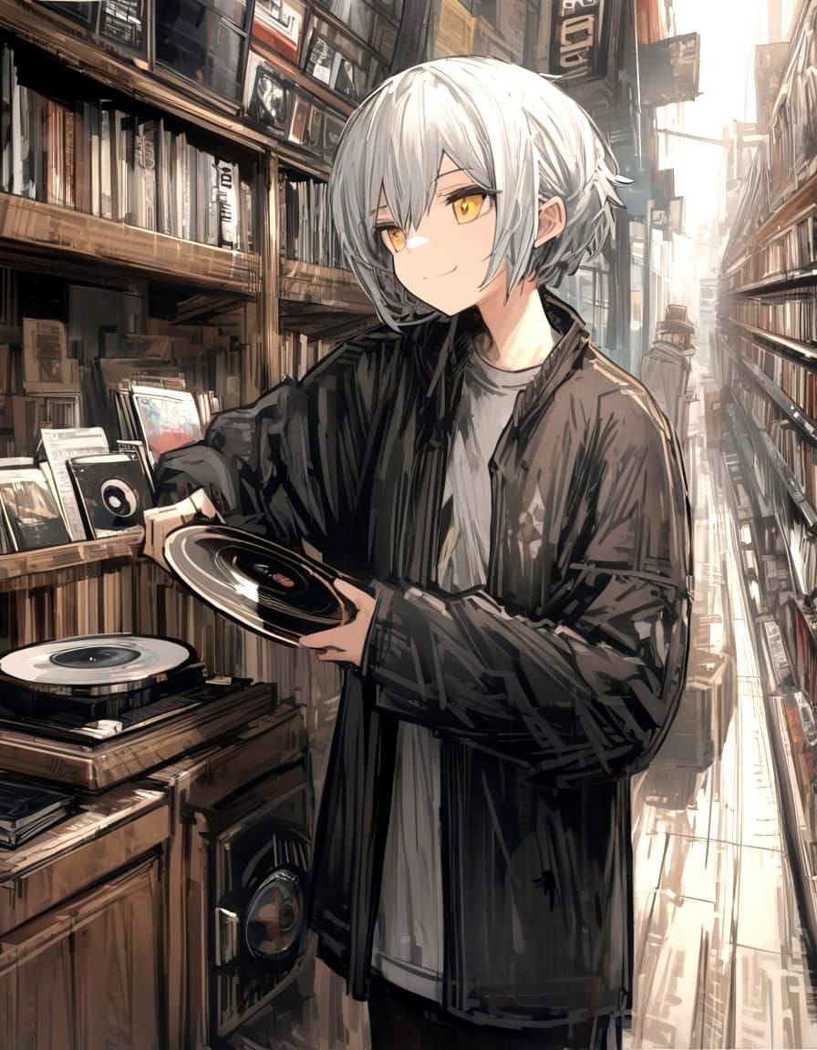 Boy Plays Gramophone Record in Upscale Music Store