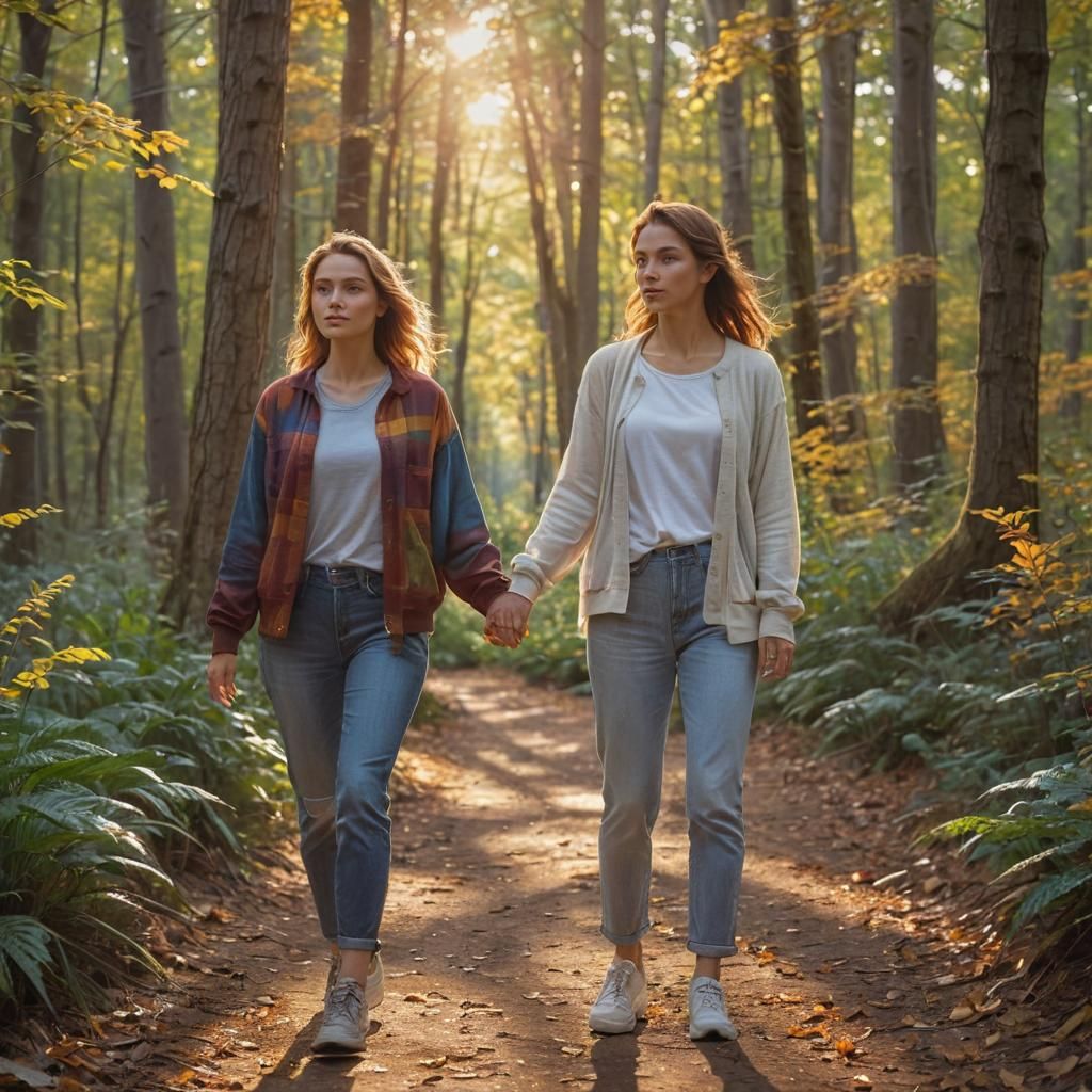 Women in Woods: Vibrant Oil Painting in Golden Hour