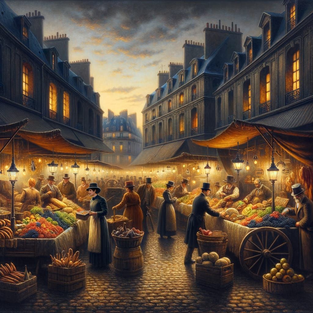 Vibrant Parisian Night Market under Gas Lanterns