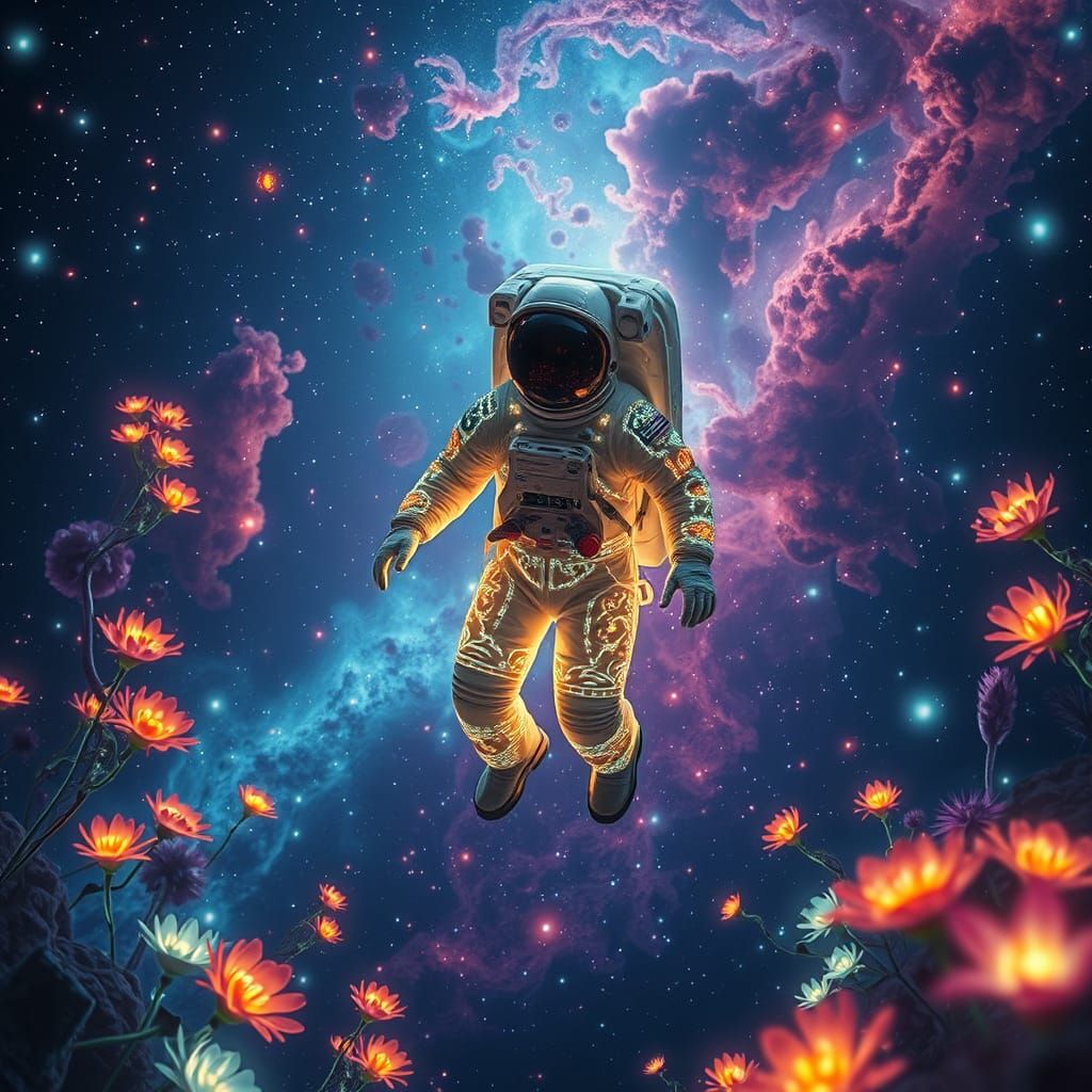 Astronaut in Dreamlike Nebula with Bioluminescent Flora