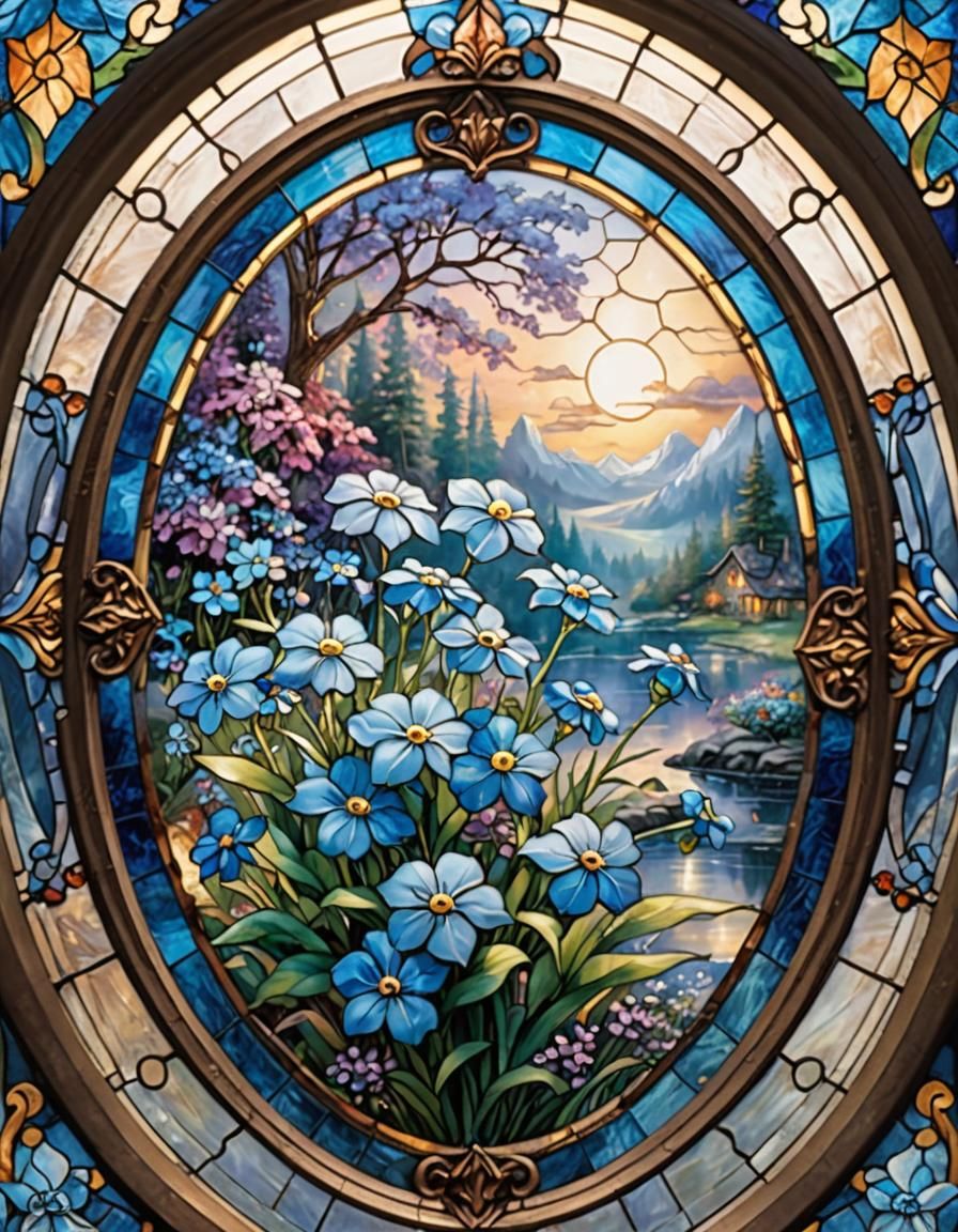 Blue Forget-Me-Not in Stained Glass Style